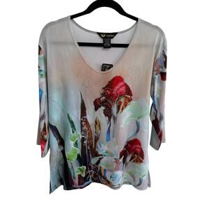 NWT Valentina Multi Watercolor Floral Print Rhinestone Embellished Top Large